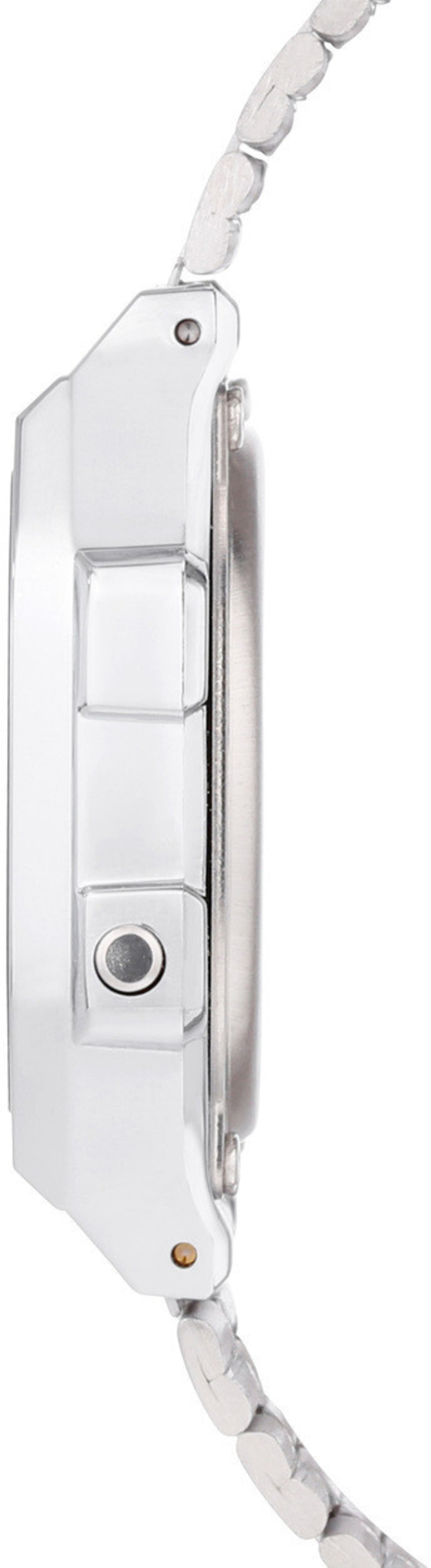 Silberne Uhr mit Armband, Seitenansicht, Detailaufnahme, glänzend, modern, elegant