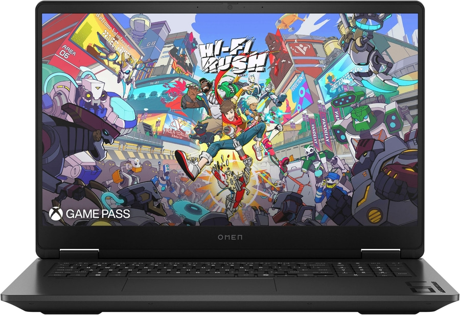 Laptop mit Hi-Fi Rush-Spiel, Game Pass und Omen-Logo. Buntes Design, Anime-Stil.