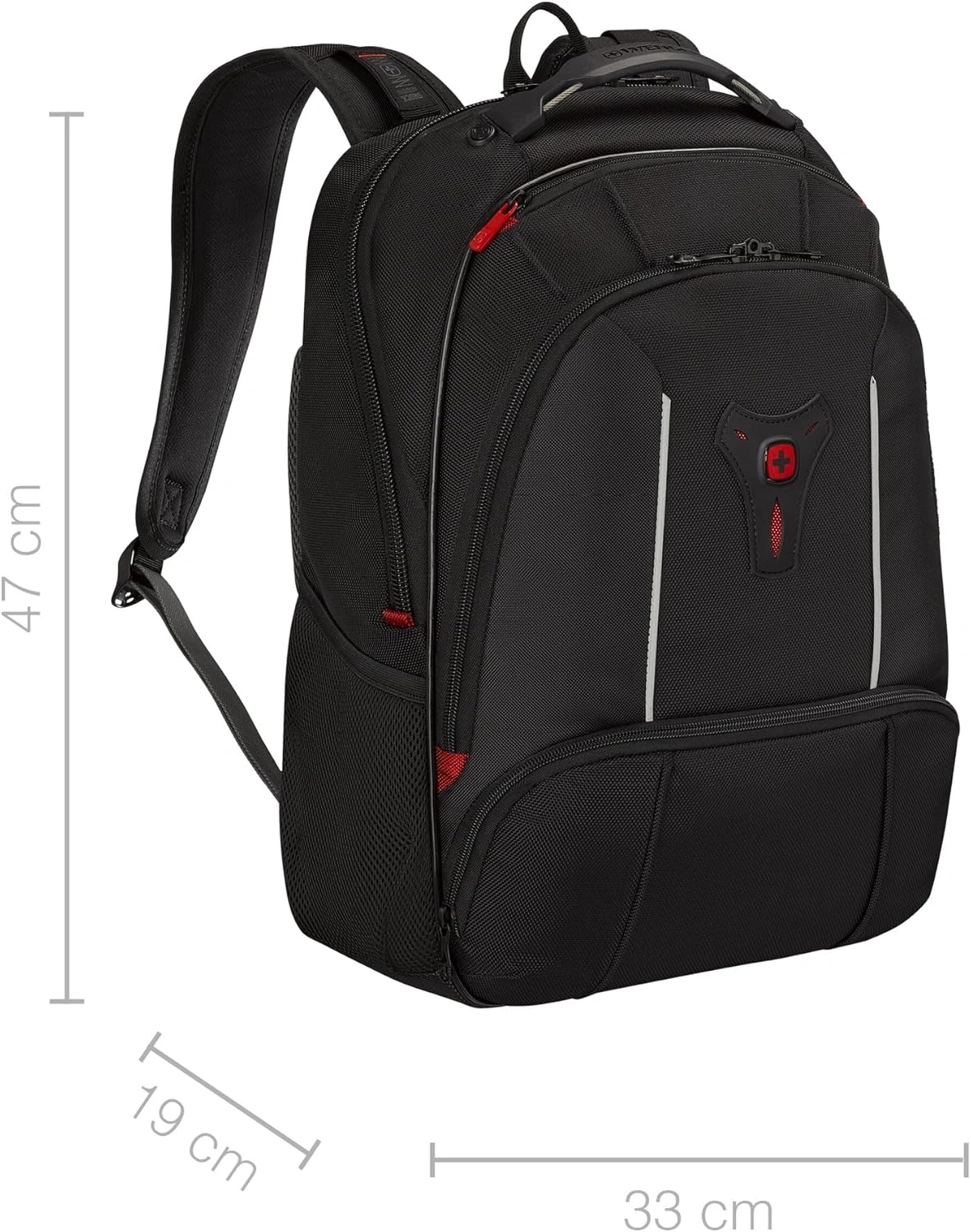 Schwarzer Rucksack mit roten Akzenten, 47 cm hoch, 19 cm breit, 33 cm lang.