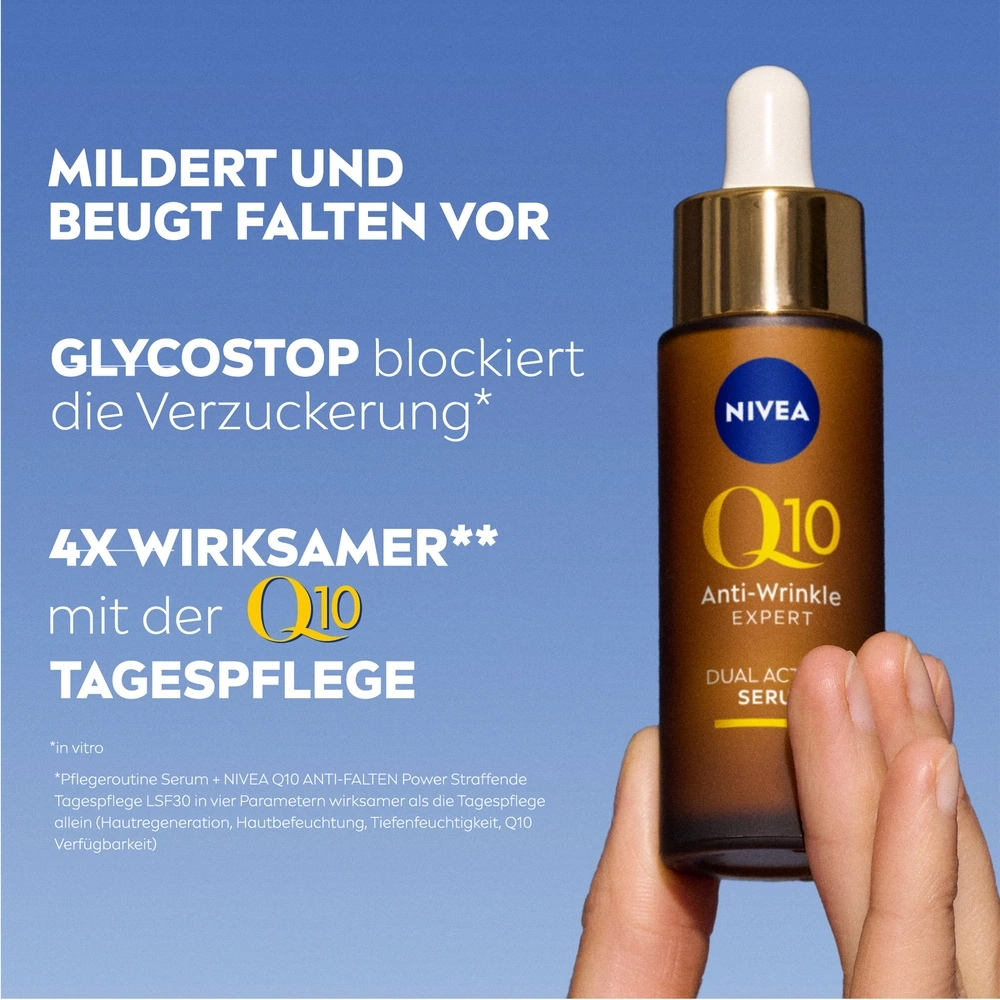 Nivea Q10 Anti-Wrinkle Expert Serum mit Glycostop blockiert die Verzuckerung und ist 4x wirksamer.