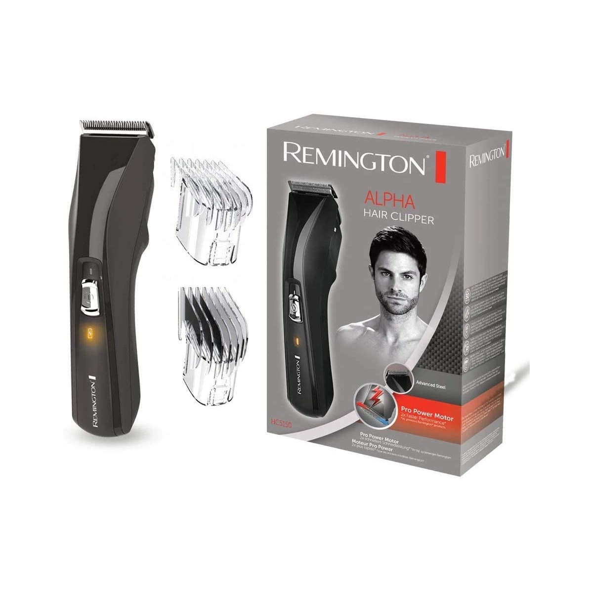 Remington Alpha Haarschneider mit Pro Power Motor und Zubehör für schnelles Schneiden.
