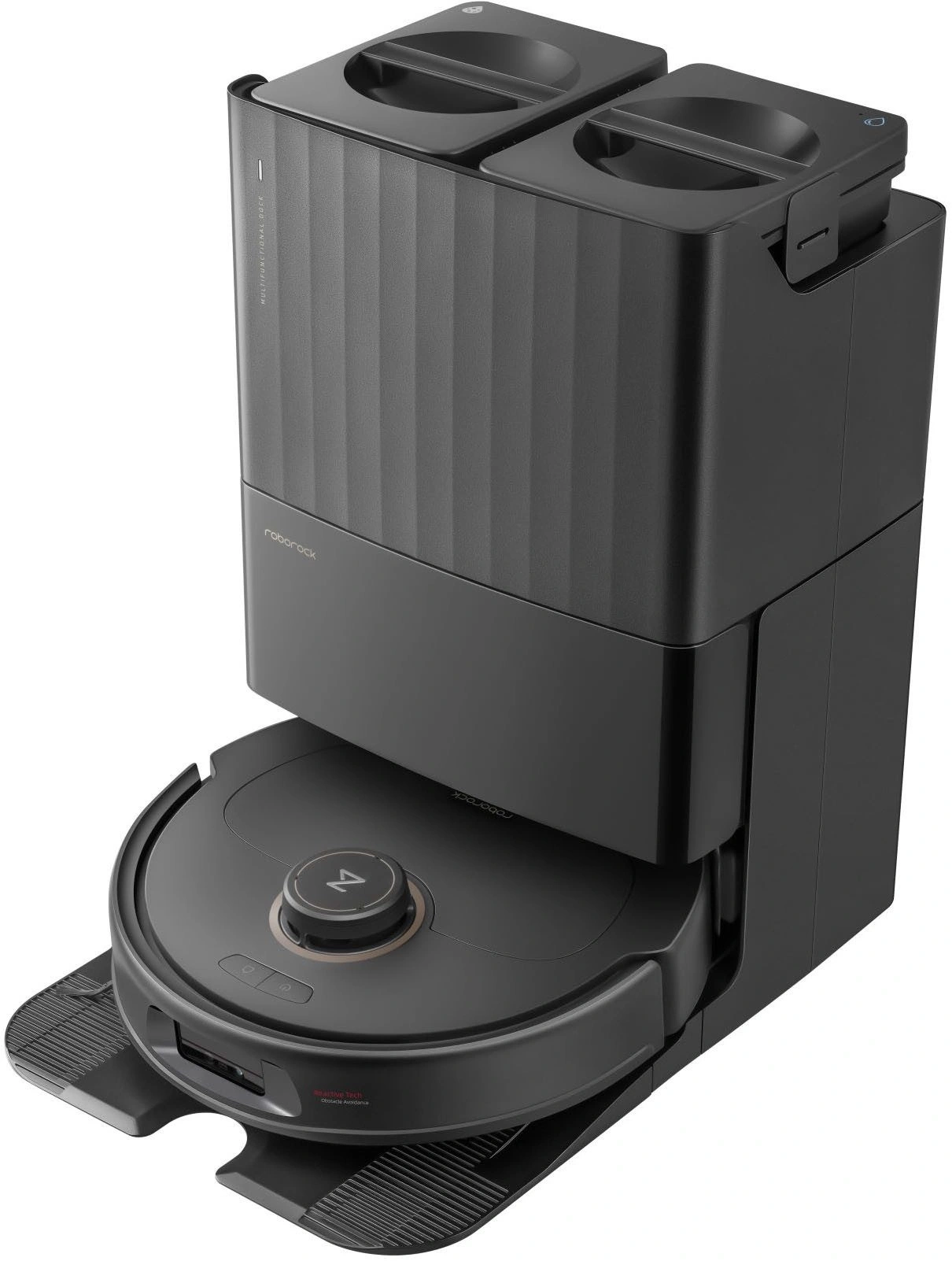 Ein schwarzer Roborock Saugroboter mit Dockingstation.