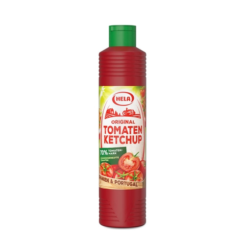 Hela Tomaten Ketchup Flasche, rot, mit grünem Deckel, Tomaten-Abbildung, Spanien & Portugal