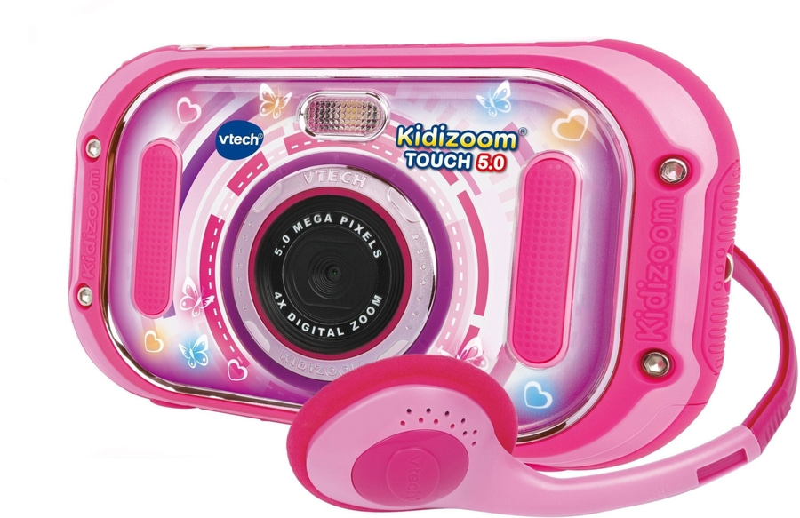 Rosa VTech Kidizoom Touch 5.0 Digitalkamera mit Kopfhörern, buntem Design und Schmetterlingen.