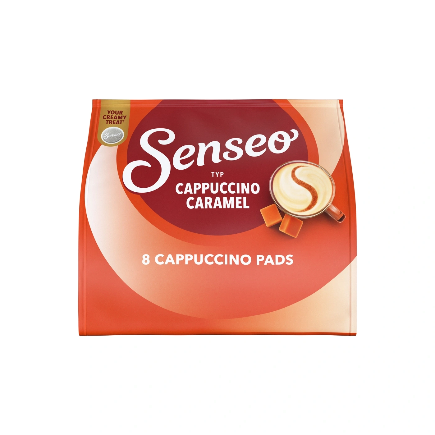 Senseo Cappuccino Karamell Pads Verpackung mit Kaffeespezialität und Karamellstückchen
