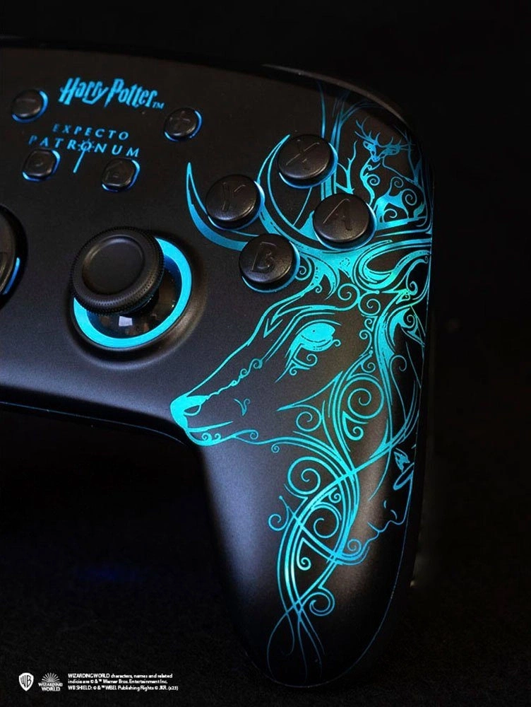 Ein Harry Potter Controller mit einem Patronus- Hirschmotiv in Hellblau auf schwarzem Hintergrund.