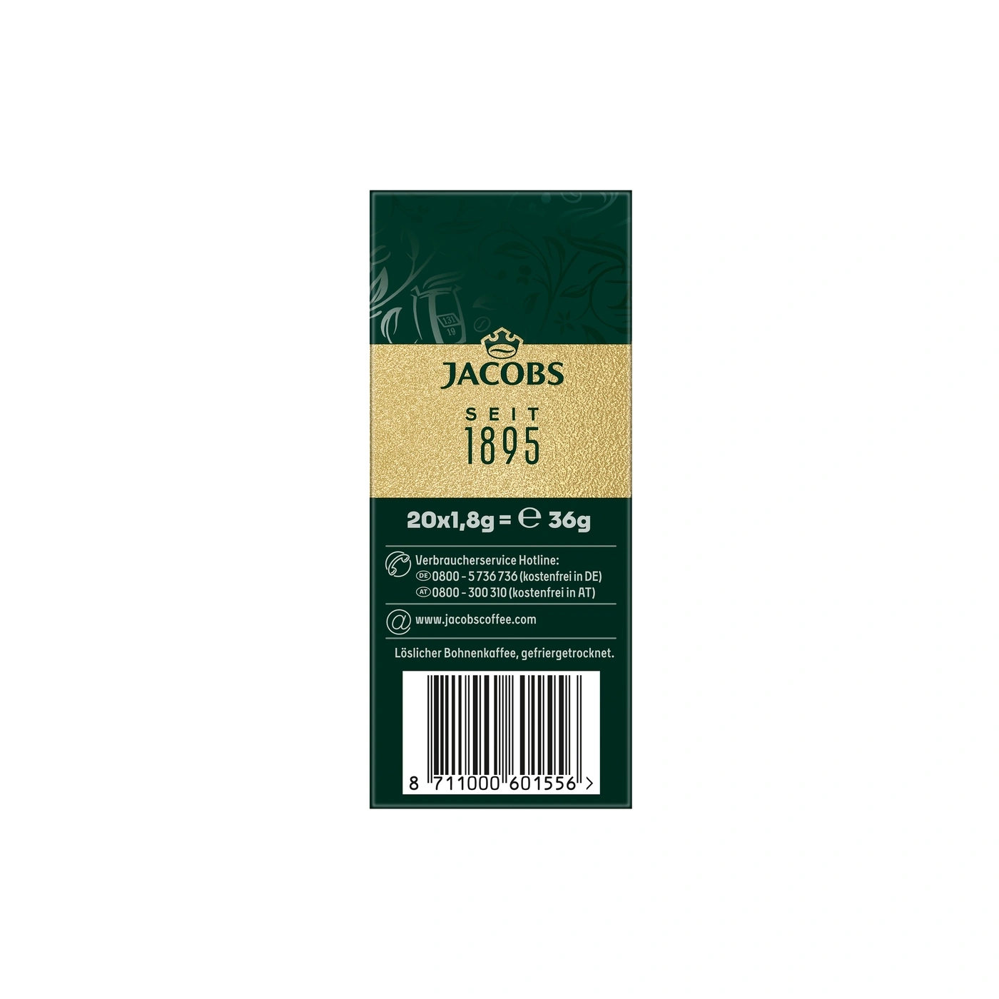 Jacobs Kaffee, 20x1,8g, 36g, löslicher Bohnenkaffee gefriergetrocknet mit Barcode.