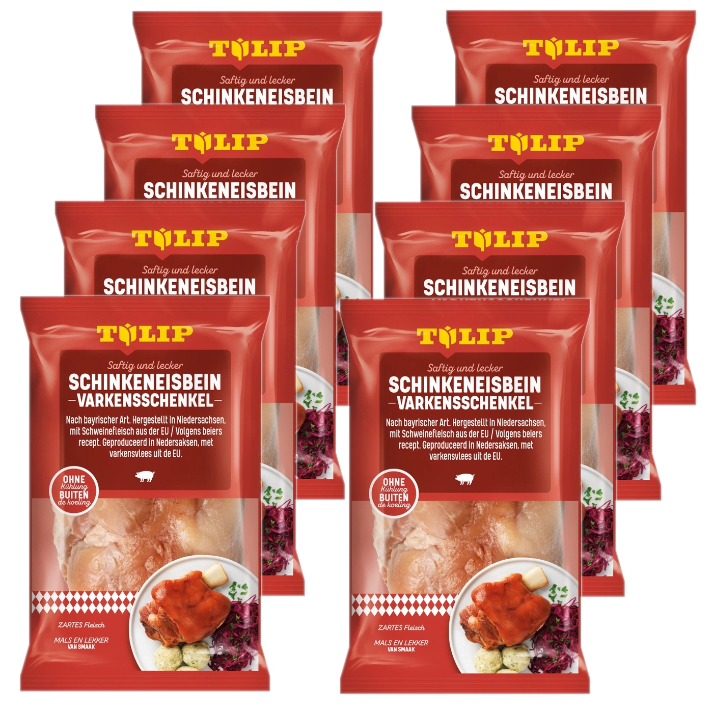 Red packages of Tulip pork knuckles with text in German and Dutch