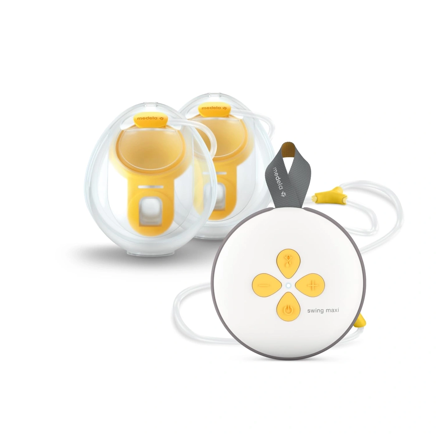 Medela Swing Maxi Doppel-Milchpumpe mit Steuergerät und zwei Trichtergrößen.