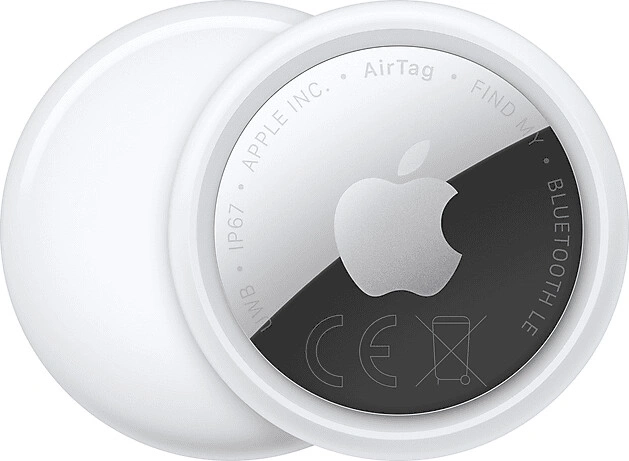 Eine weiße Apple AirTag mit dem Apple-Logo und "Find My"-Schriftzug.