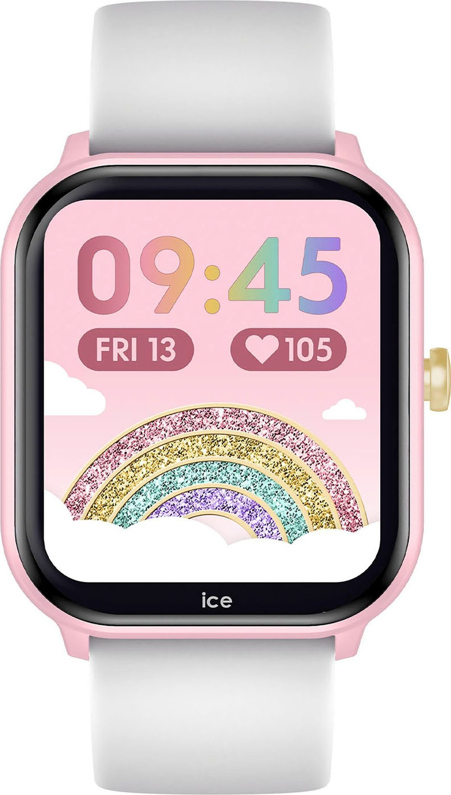 Eine rosa Smartwatch mit einem bunten Regenbogen-Zifferblatt und der Uhrzeit 09:45.