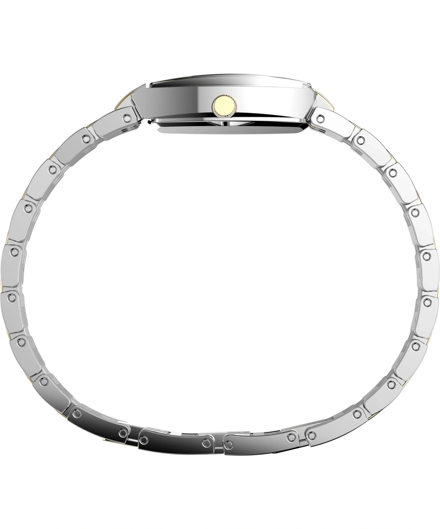 Ein silbernes Armbanduhr-Glied mit goldenen Akzenten auf weißem Hintergrund.