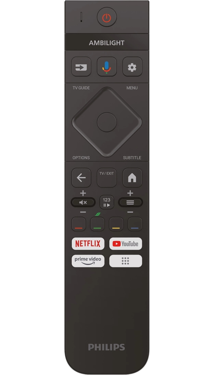 Fernbedienung von Philips mit Netflix, YouTube und Prime Video Tasten.