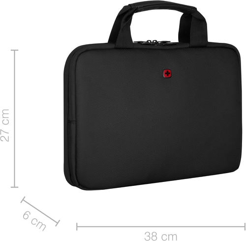Schwarze Laptoptasche mit rotem Logo, 27 cm hoch, 38 cm breit und 6 cm tief.