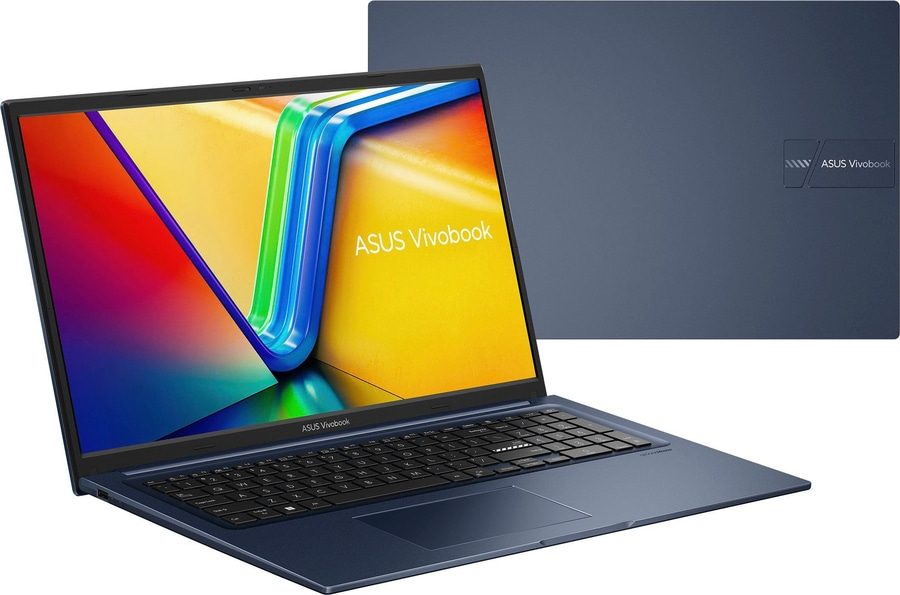 Blauer Laptop ASUS Vivobook, geöffnet, mit Tastatur und Logo, auf weißem Hintergrund.