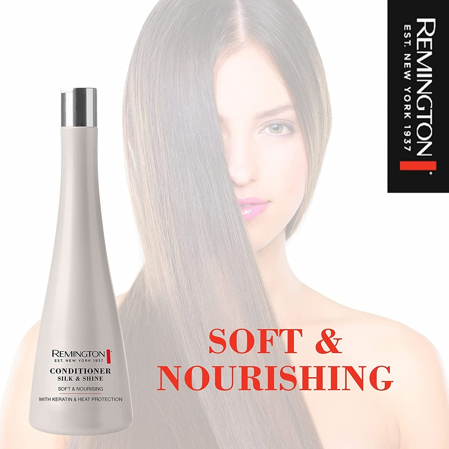 Remington Conditioner Silk & Shine, weich und pflegend, mit Keratin und Hitzeschutz.