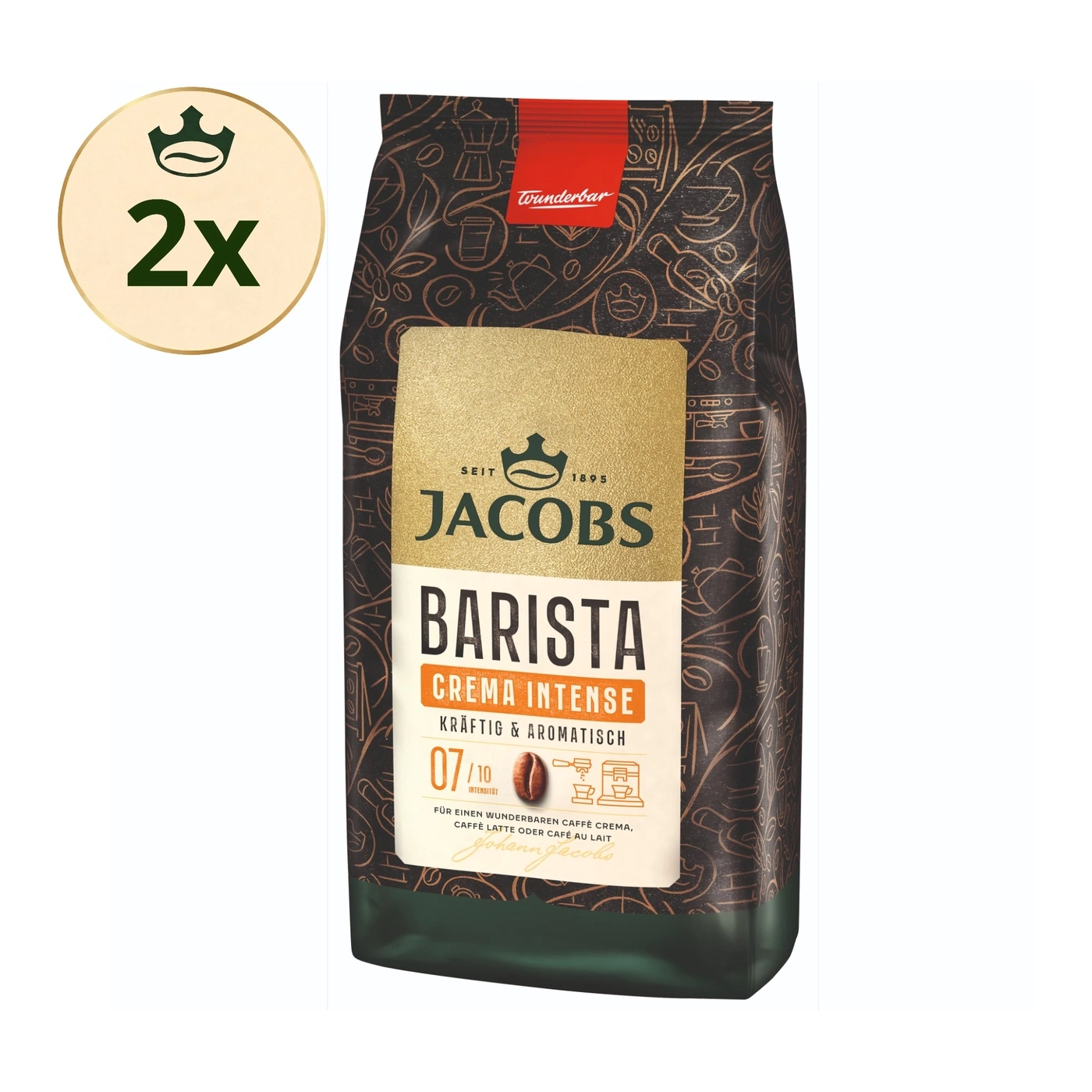 Jacobs Barista Crema Intense Kaffee mit "2x" Aufkleber
