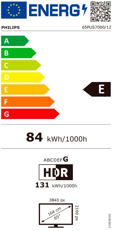 Energielabel für einen Philips Fernseher, Modell 65PUS7000/12, Energieeffizienzklasse E.
