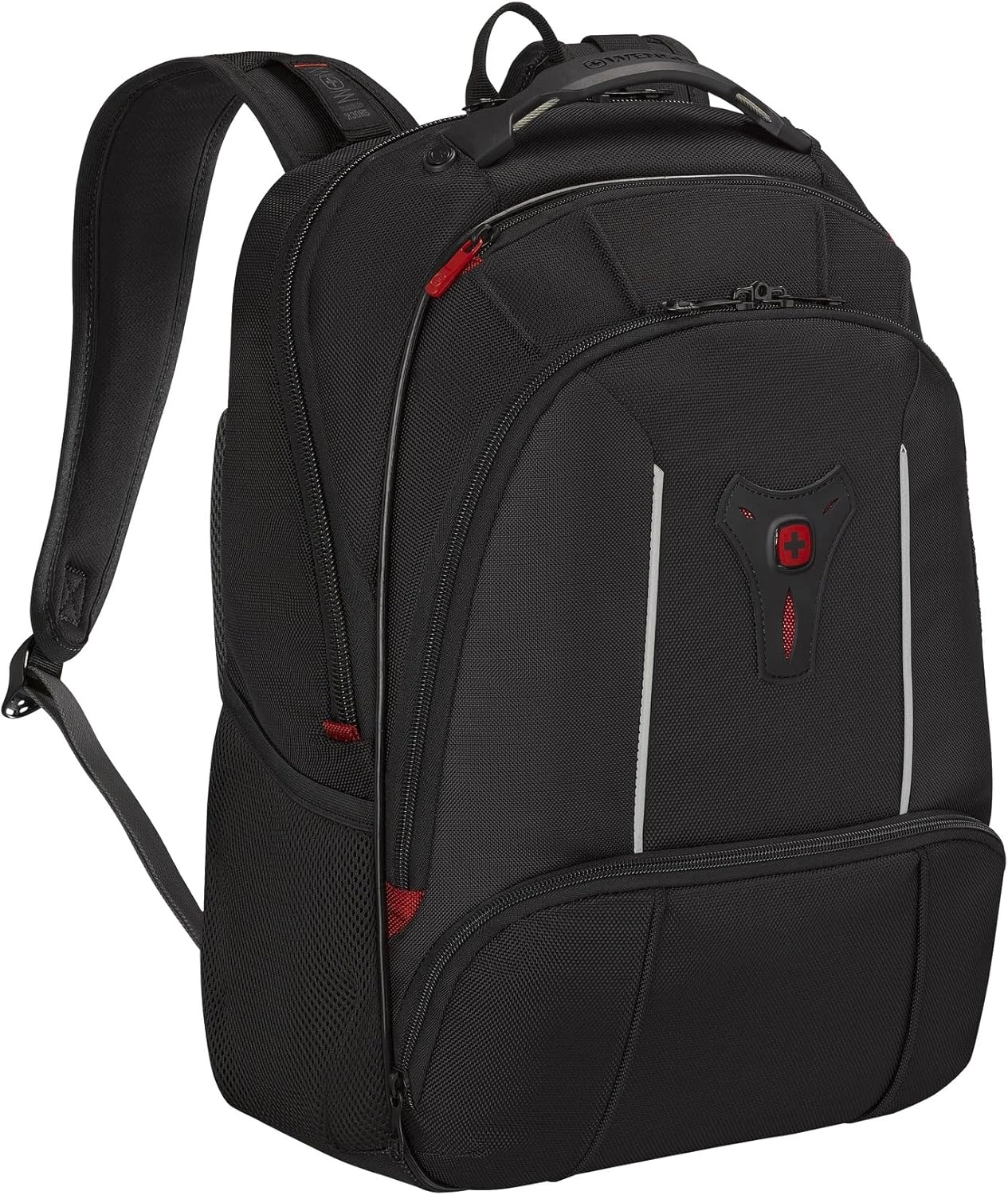 Schwarzer Rucksack mit roten Akzenten und weißem Streifen, Wenger-Logo, robustes Design
