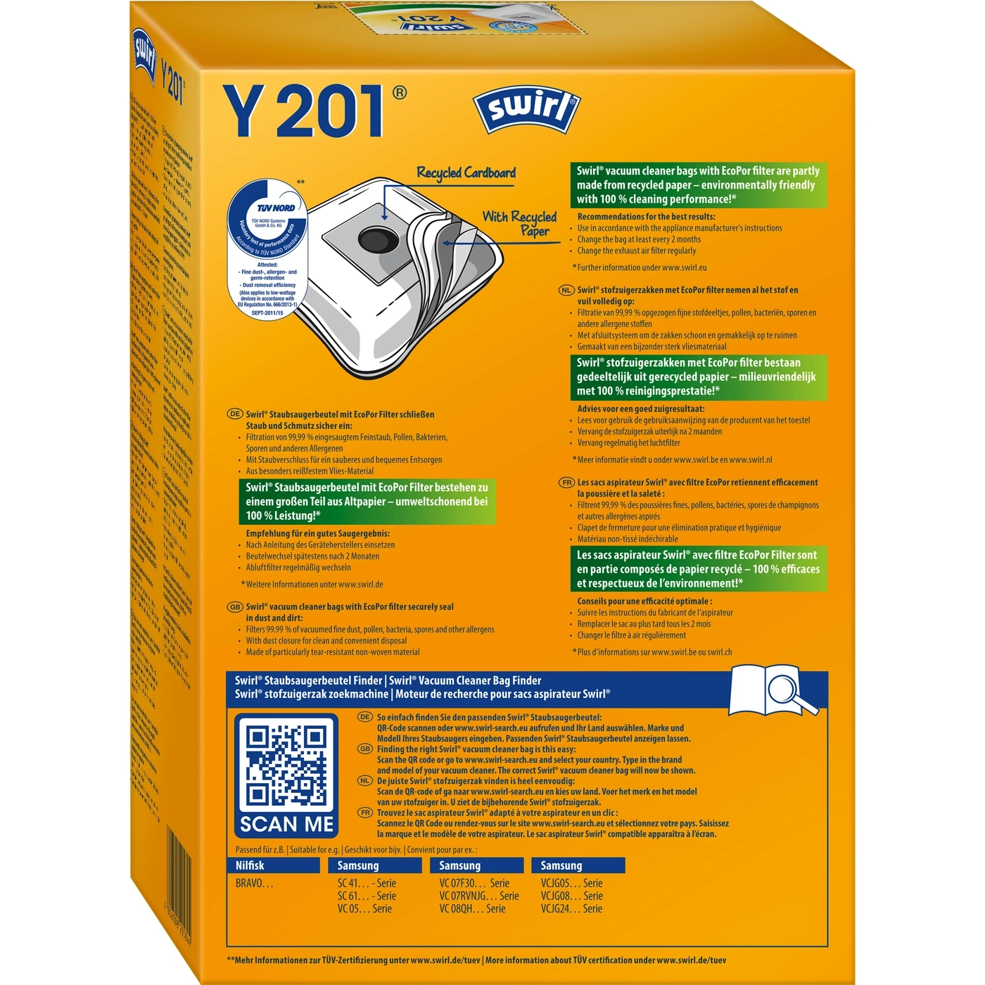 Swirl Staubsaugerbeutel Packung mit QR-Code, Produktinformationen und Kompatibilitätsliste für Staubsauger.