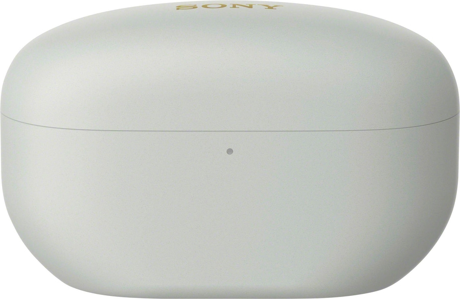 Hellgraue Sony-Kopfhörer-Ladebox, abgerundete Form, Sony-Logo, kleine LED-Anzeige