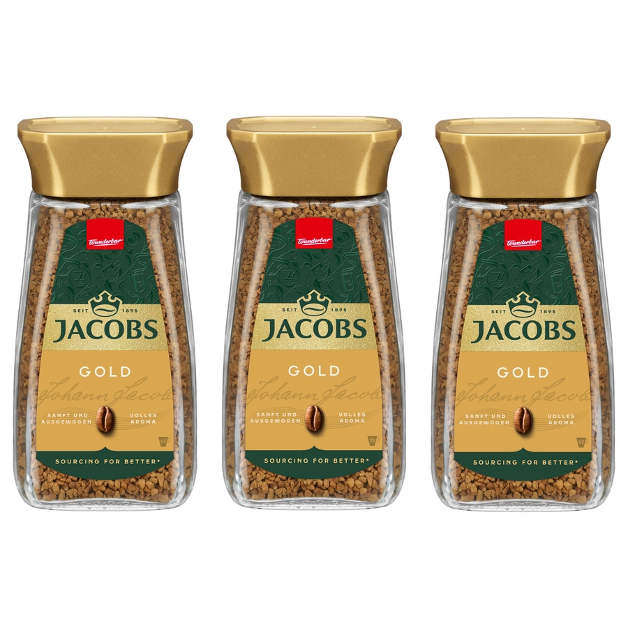 JACOBS Löskaffee Gold Instantkaffee 3 x 200 g Gläser löslicher Kaffee unterwegs