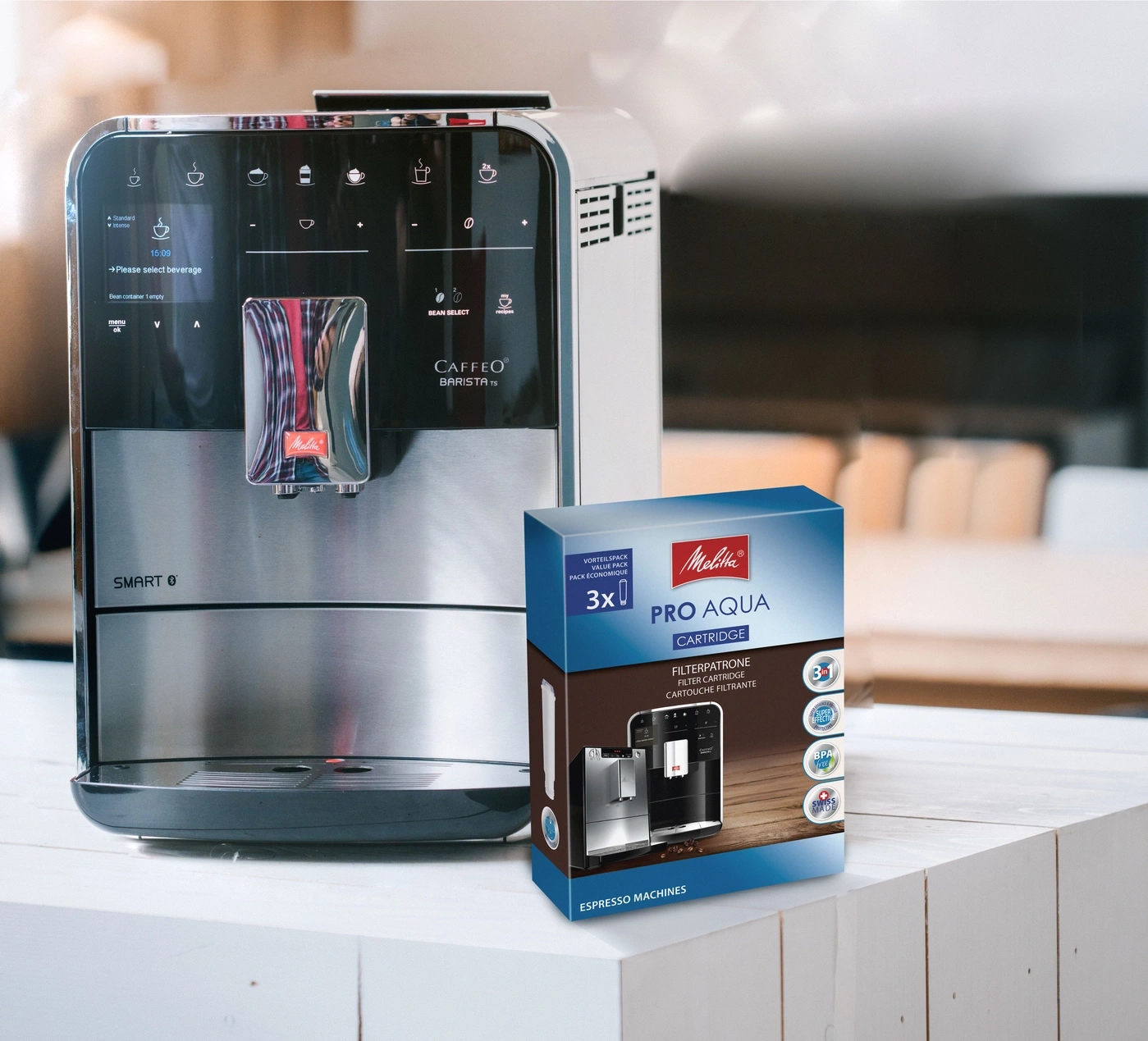 Kaffeemaschine mit Filterpatrone. Melitta Pro Aqua, Caffeo Barista TS, Espresso Machines.