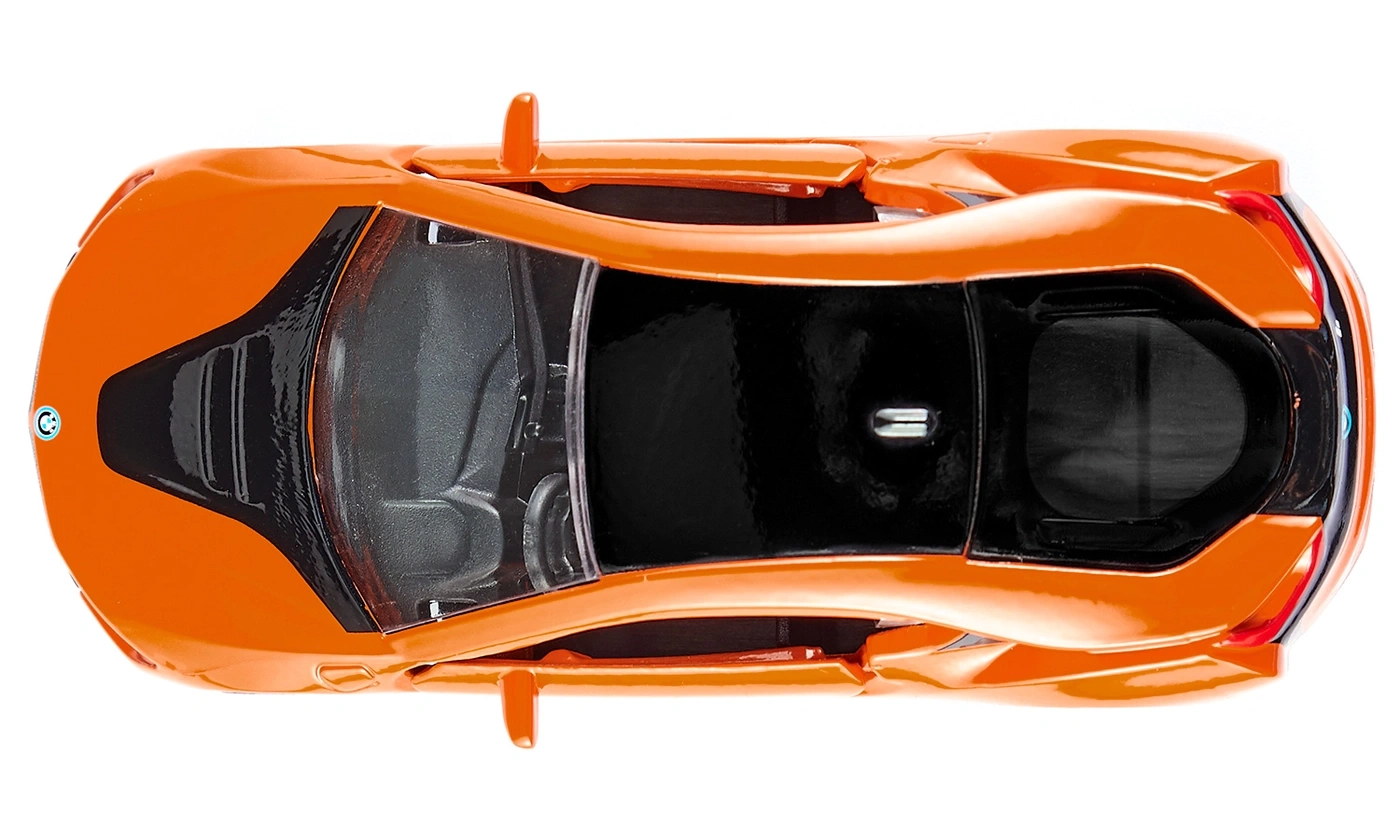 Orangefarbenes Spielzeugauto, Draufsicht, glänzend, detailliert, Spielzeug, Modellauto, isoliert