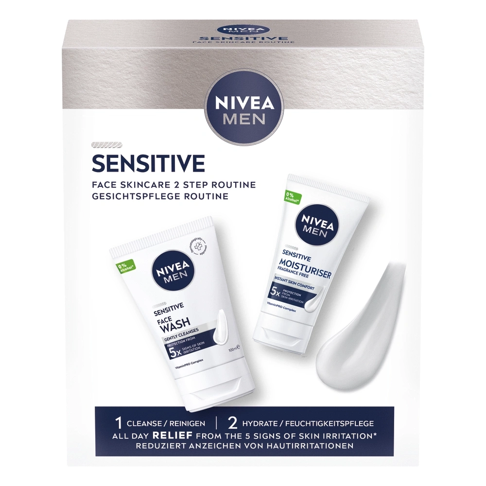 Nivea Men Sensitive Gesichtspflege Routine mit Gesichtsreiniger und Feuchtigkeitscreme.