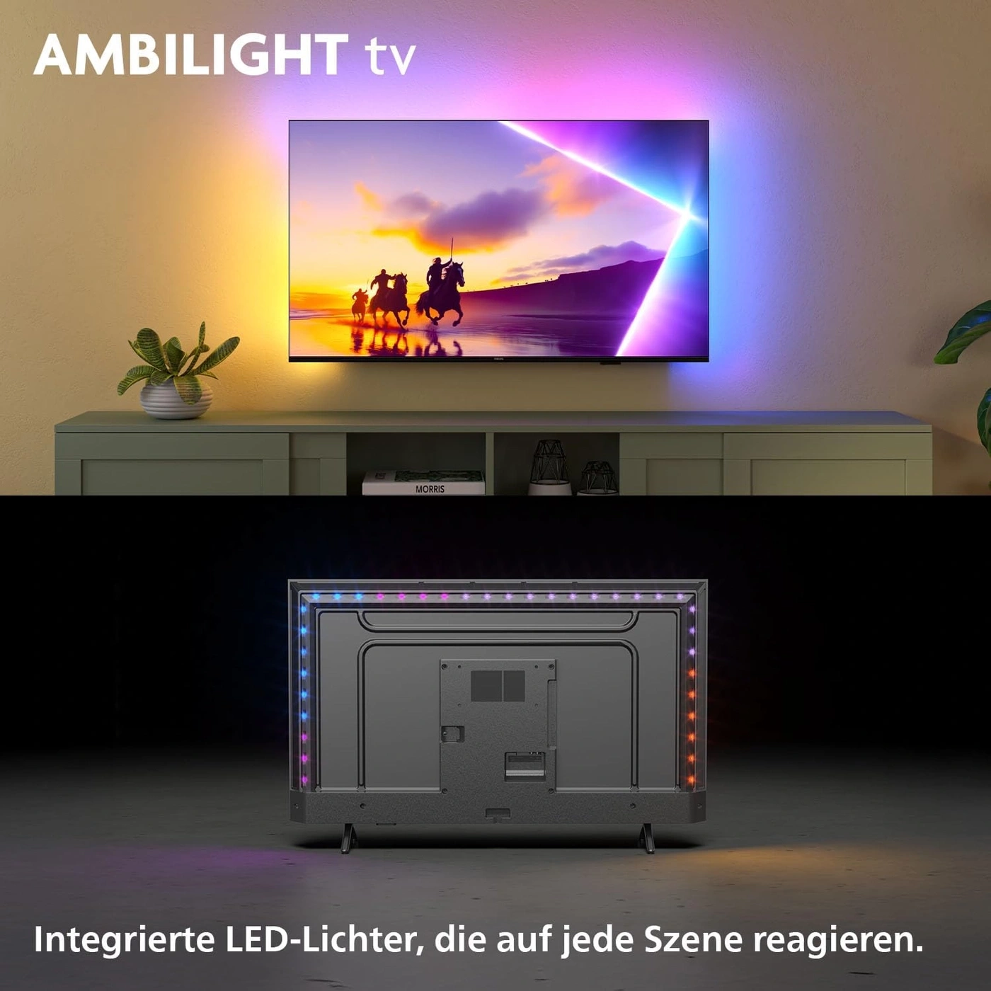 Ein Ambilight Fernseher mit integrierten Lichtern, die auf jede Szene reagieren.