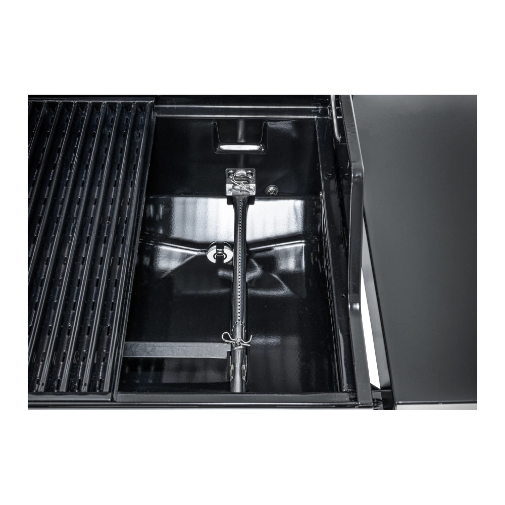 Innenansicht eines Gasgrills mit Grillrost und Brenner