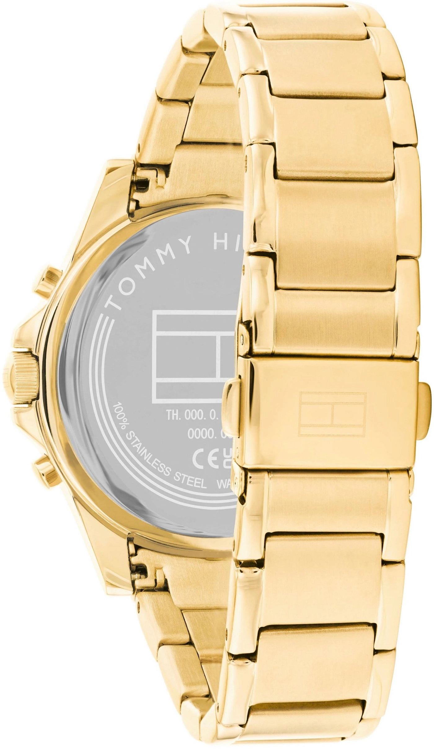 Goldene Tommy Hilfiger Uhr mit silbernem Zifferblatt und einem H-Logo