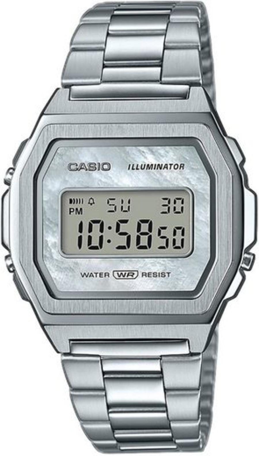 Silberne Casio Uhr mit digitaler Anzeige und Metallarmband