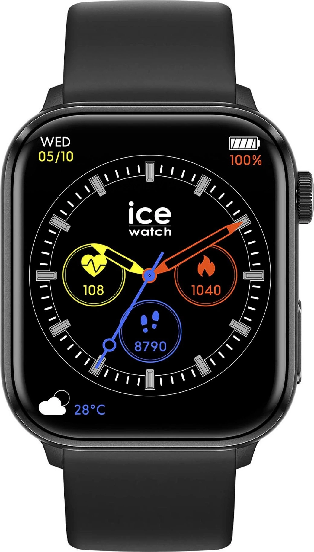 Eine Smartwatch mit schwarzem Armband und einem Zifferblatt, das den "ice watch" zeigt, mit Uhrzeit, Datum, Batteriestand, Herzfrequenz, Kalorien und Schritten.