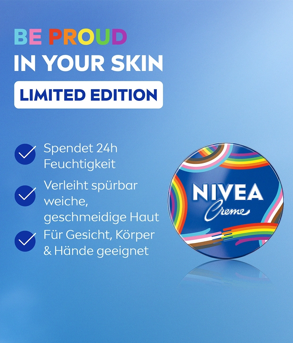 Nivea Creme Limited Edition mit Regenbogen-Design für stolzes Hautgefühl.