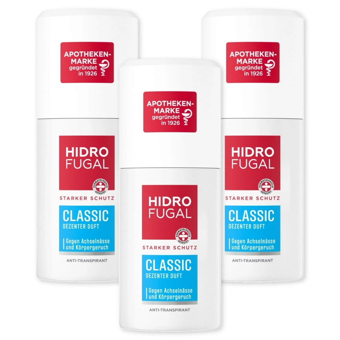 Drei Hidro Fugal Classic Deodorant Spray Flaschen mit deutscher Aufschrift.