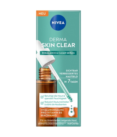 NIVEA Derma Skin Clear Rebalance & Clear Serum, mit Hyaluronsäure, Pro-Vitamin B5, Niacinamid