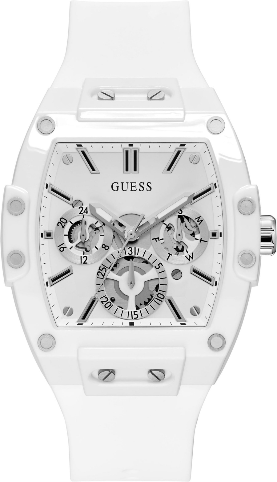 Ein weißes Guess Herrenuhr mit silbernen Details und sichtbarem Uhrwerk.