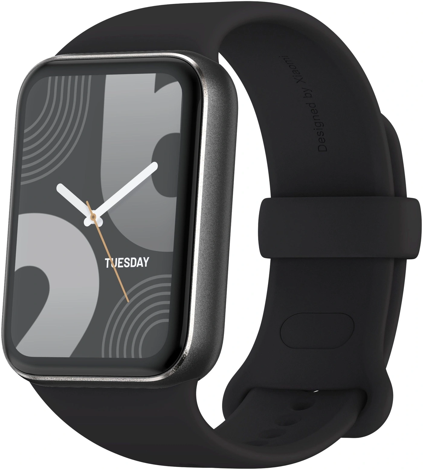 Schwarze Smartwatch mit modernem Zifferblatt und Band.