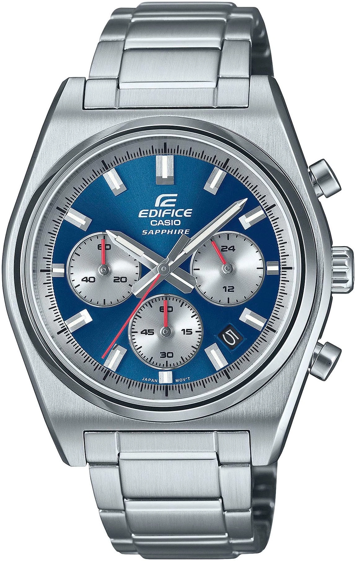 Edelstahl-Chronograph mit blauem Zifferblatt und silbernen Hilfszifferblättern.