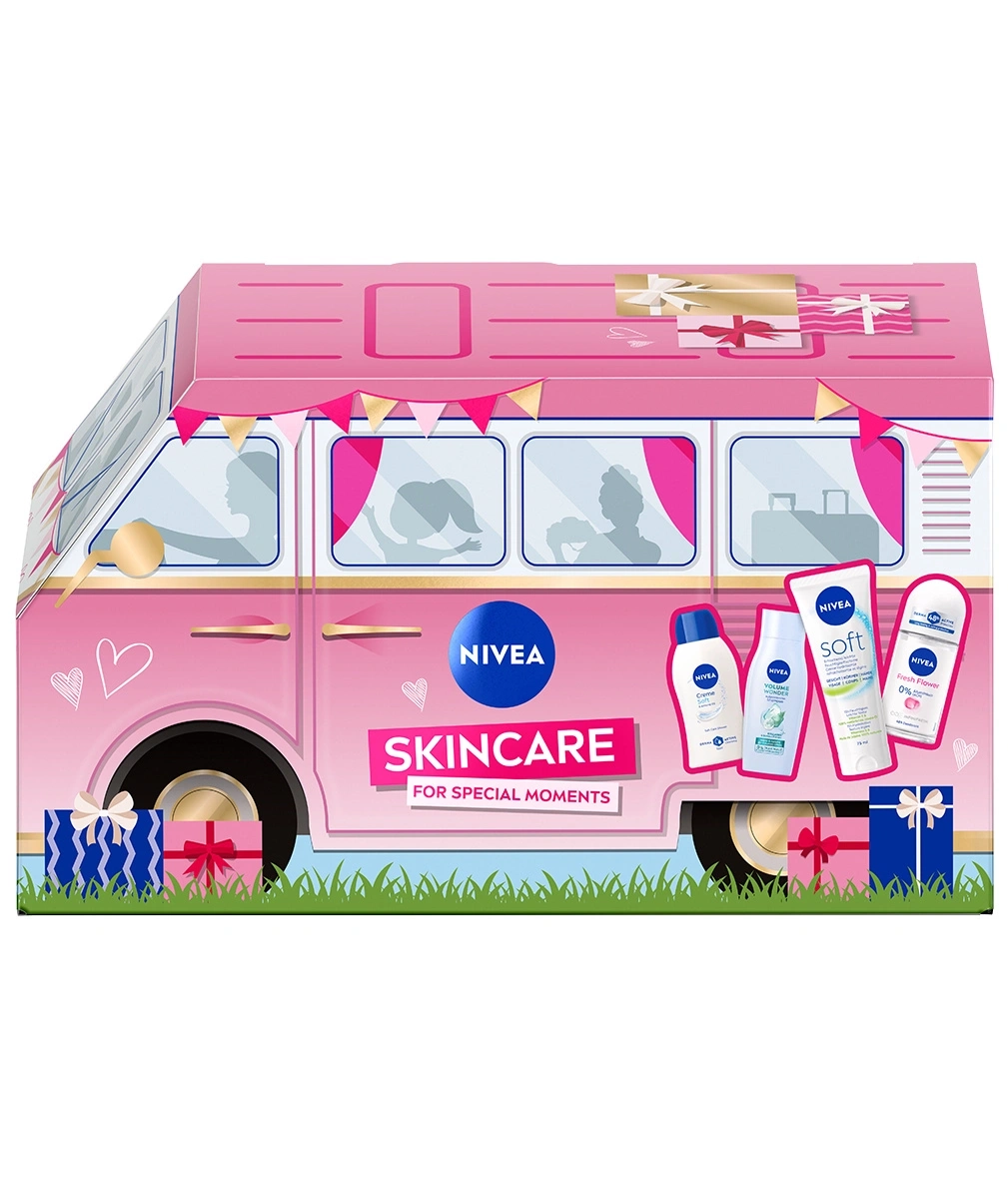 Ein Nivea-Geschenkset in Form eines rosafarbenen Wohnmobils mit Hautpflegeprodukten.