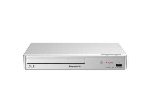 Silberner Panasonic Blu-ray-Player, Modell DMP-BDT168, mit Power-Anzeige und USB-Anschluss.