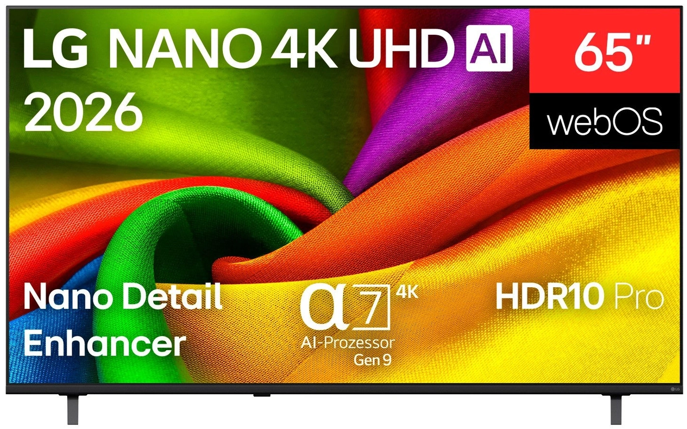 LG Nano 4K UHD AI 2026 Fernseher mit 65 Zoll Bildschirm und WebOS. Nano Detail Enhancer, Alpha 7 4K AI-Prozessor Gen 9, und HDR10 Pro.