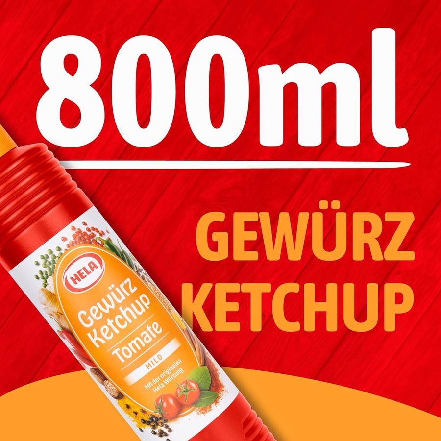 Hela Gewürzketchup Tomate, 800ml Flasche mit dem Schriftzug Gewürzketchup
