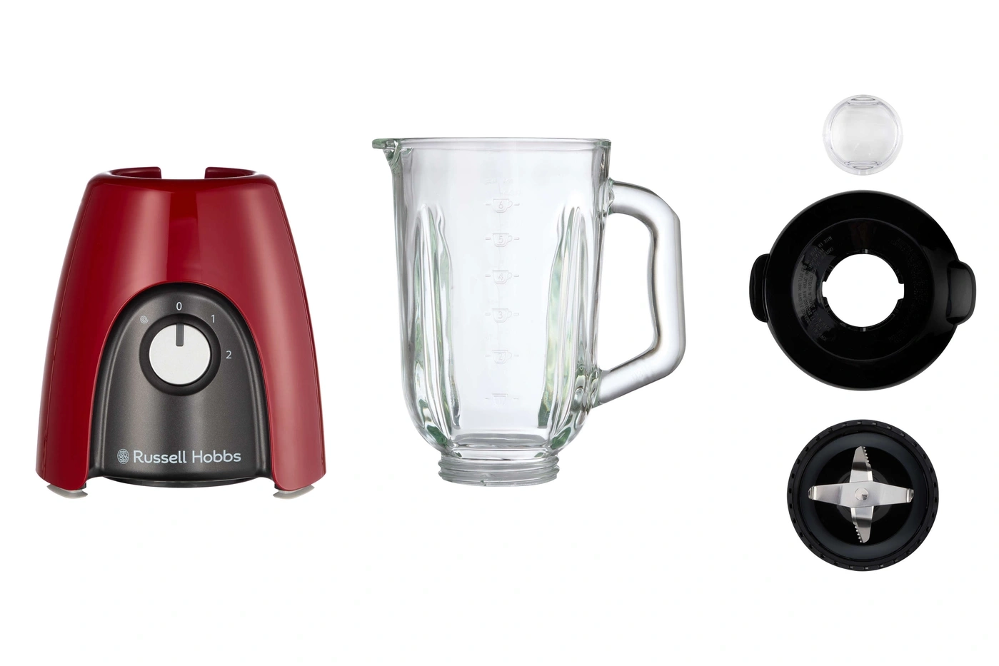 Ein roter Mixer mit Glasbehälter und Zubehör. Russell Hobbs. 0-2 Geschwindigkeiten.