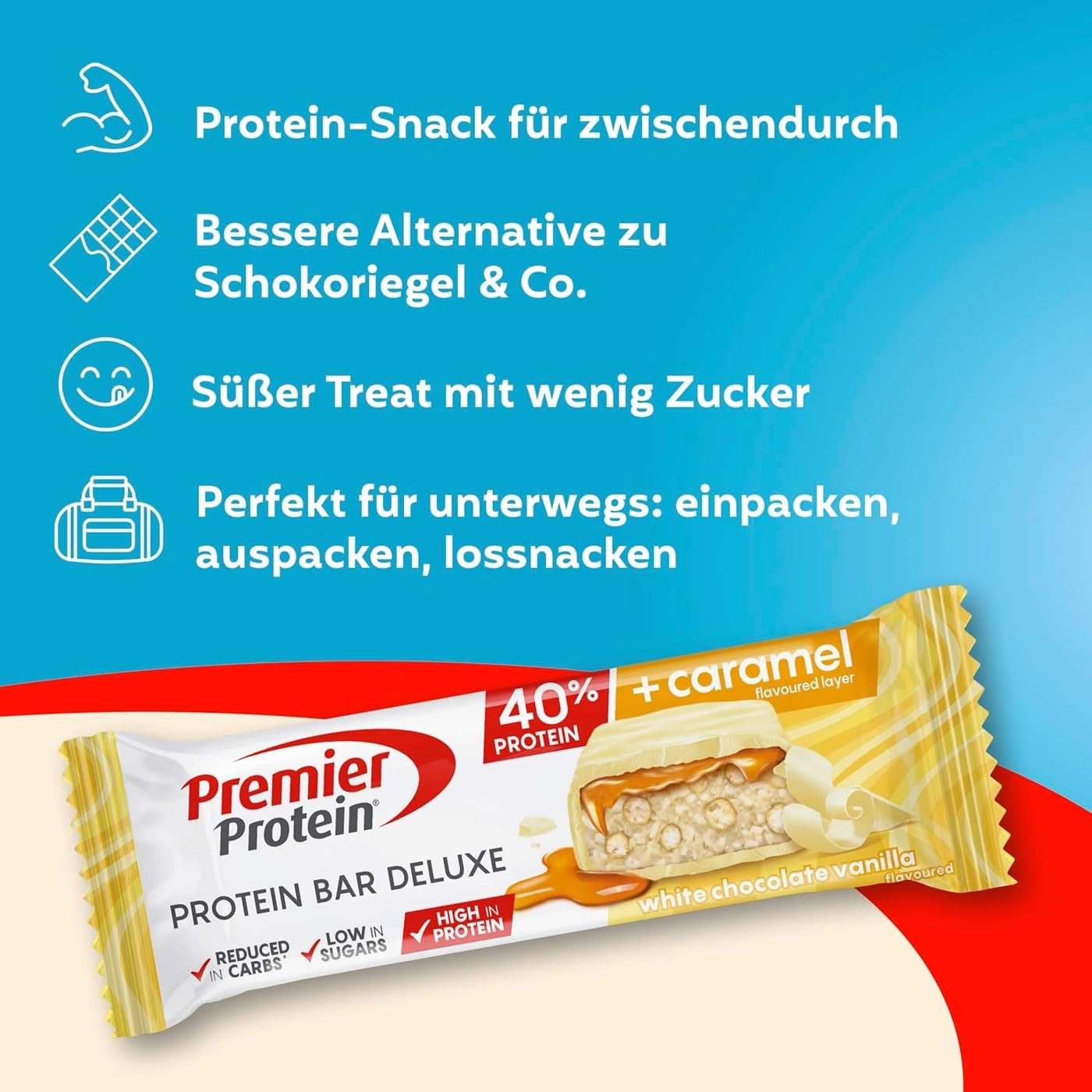 Proteinriegel mit Karamell-Geschmack, perfekt als Snack zwischendurch.