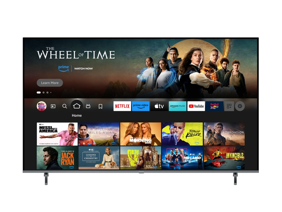 Fernseher mit Prime Video, Netflix, YouTube und anderen Apps. Die Serie 'The Wheel of Time' wird beworben.