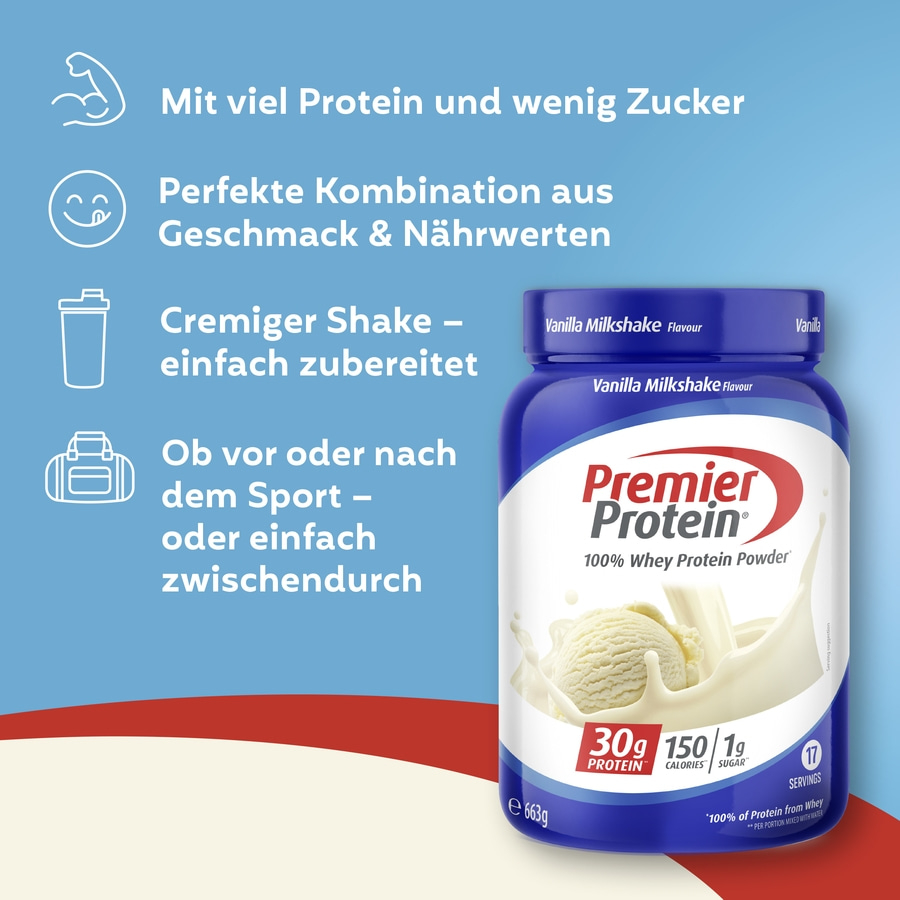 Premier Protein Vanille Milchshake Pulver mit Eis und Spritzern