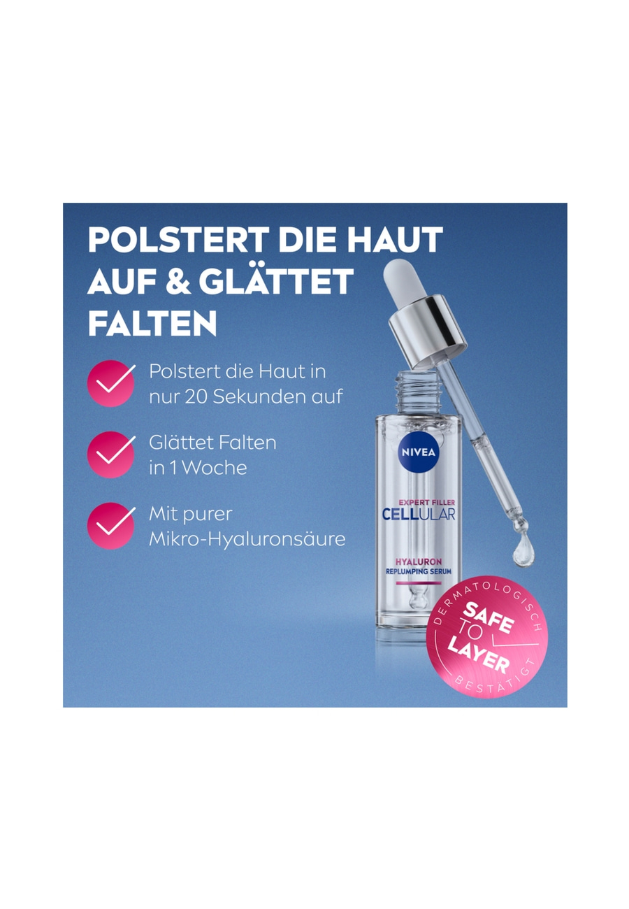 NIVEA Expert Filler Cellular Hyaluron Plumping Serum mit Drop-Pipette, polstert Haut auf und glättet Falten.