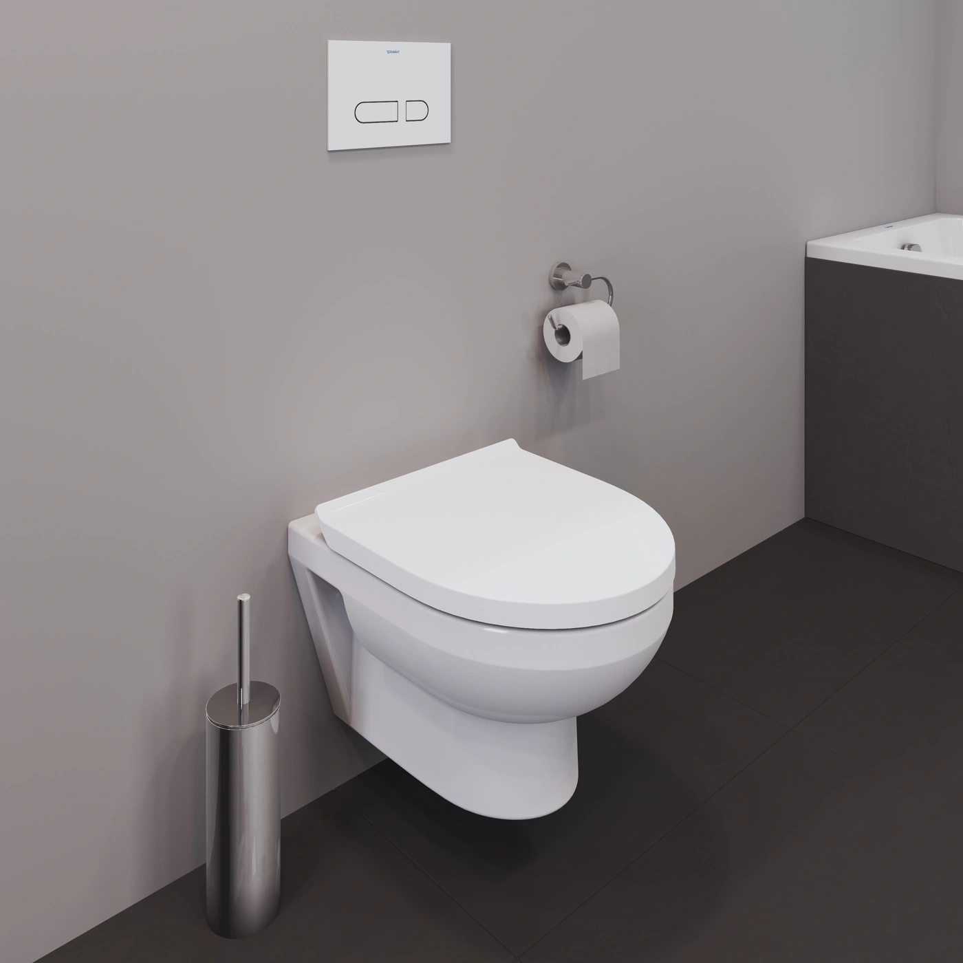 Modernes Badezimmer mit Wandtoilette, Spülkasten und Bürste.